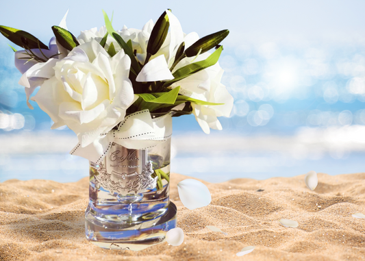 Linen Obsession "Rose & Lily Bouquet" in Glass Vase – Ivory White