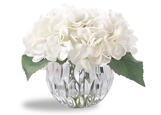 "Round  Hydrangeas Bouquet" in Glass Vase – Artificial Silk Flowers