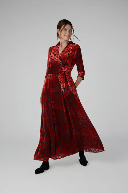Jasper Conran "Iris" Velvet Devoré Wrap Dress in Red