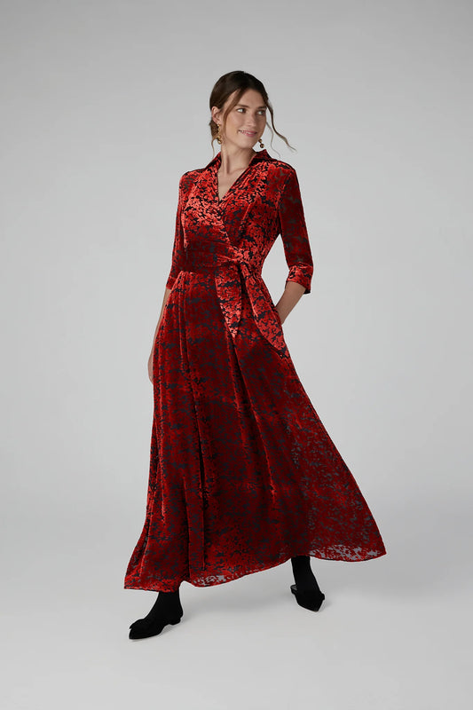 Jasper Conran "Iris" Velvet Devoré Wrap Dress in Red